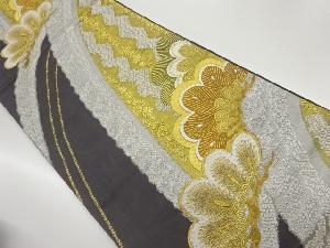 曲線に松・花々模様織出し袋帯